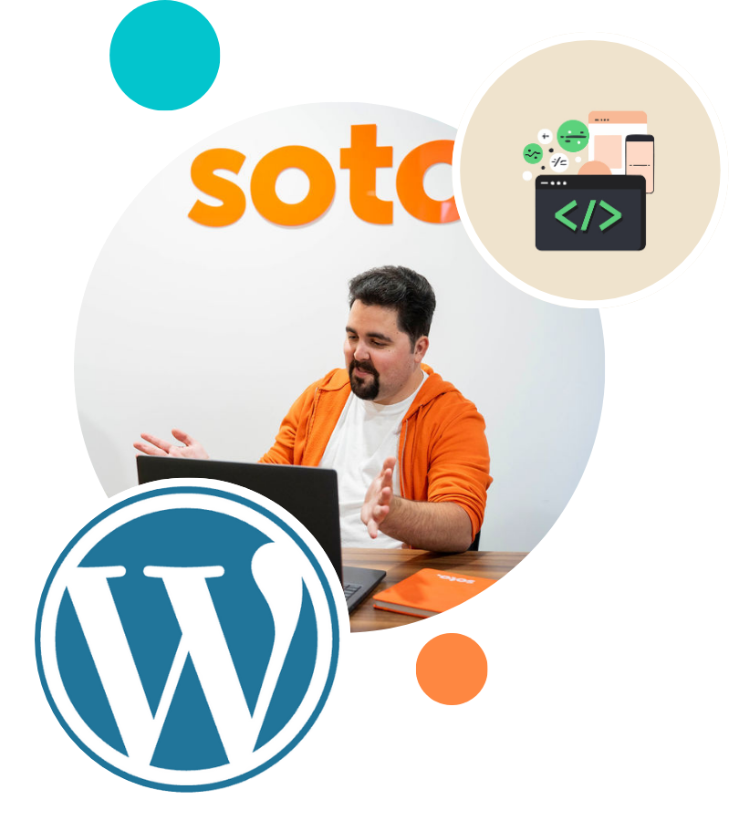 Wordpress icon, James with laptop and coding graphic