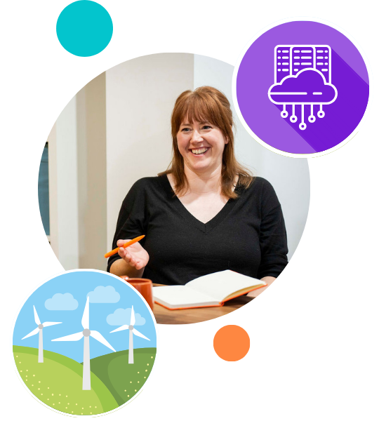 Composite image of Laura from Soto with renewable energy and hosting graphics