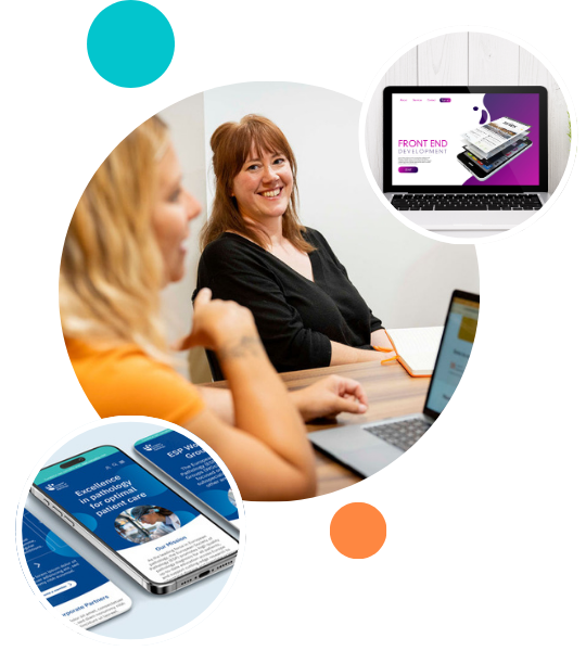Composite image of Zoey and Laura, responsive development on mobile and front end web development image on a laptop