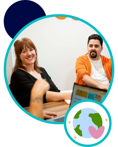 Laura and James and a graphic of the planet with a heart