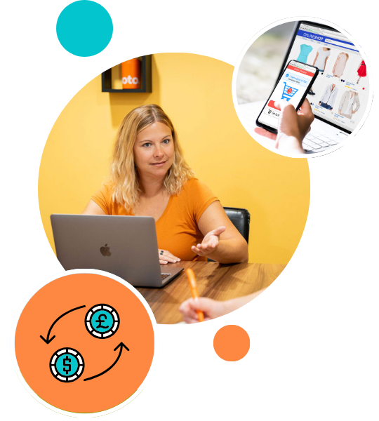 Composite image of Zoey with her laptop, an ecommerce website on mobile and a currency graphic