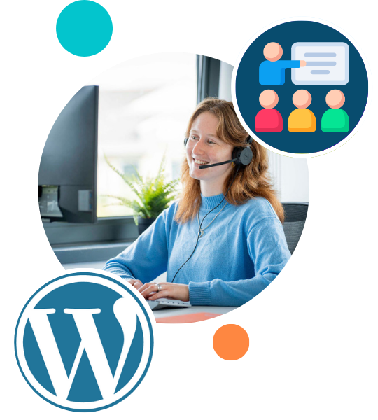 Composite image of Devon on a video call, the WordPress logo and training graphic