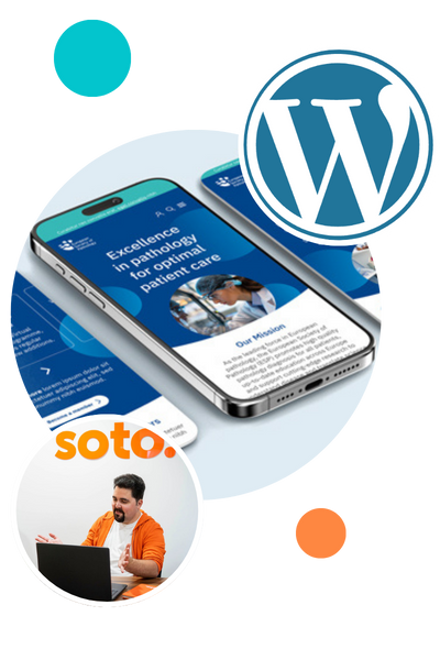 Composite image of the WordPress logo, responsive websites on mobile and James with his laptop