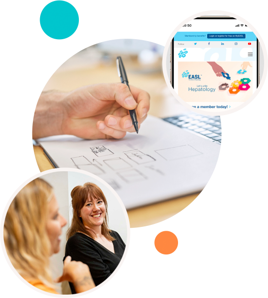 Composite image of a hand sketching designs, Zoey and Laura talking, and the EASL website homepage
